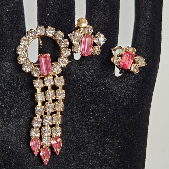 Vtg Marks & Spencer 12K Gold-Filled Rare Pink Rhinestone Brooch & Earrings Set - Picture 11 of 16